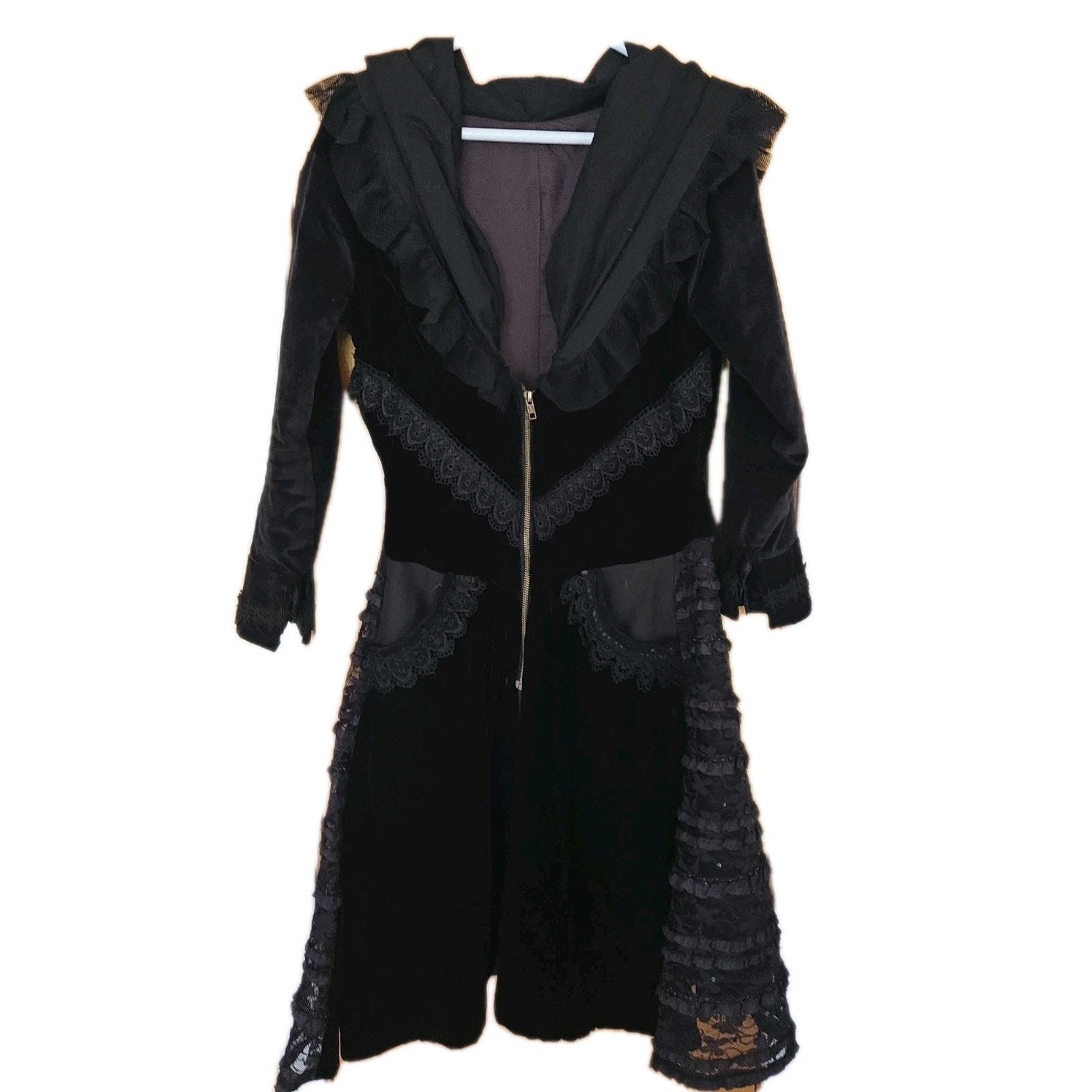 Rave Gothic Steampunk Cloak Velvet Hooded Jacket Black Medium- Tag Removed